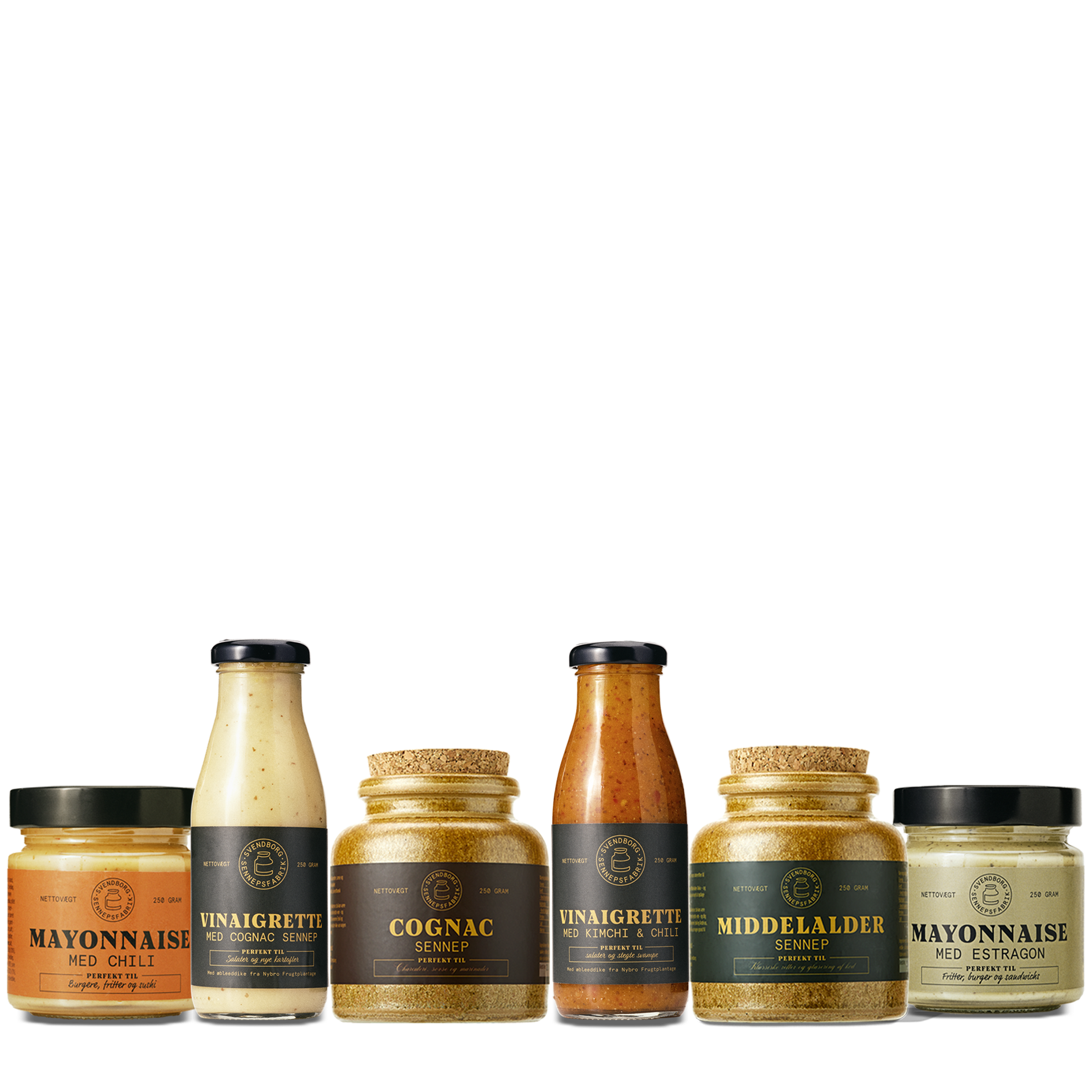 Valgmuligheder for bland selv sampakke: Chilimayo, vinaigrette med cognac sennep, cognac sennep, vinaigrette med kimchi og chili, middelalder sennep og estragonmayo fra Svendborg Sennepsfabrik