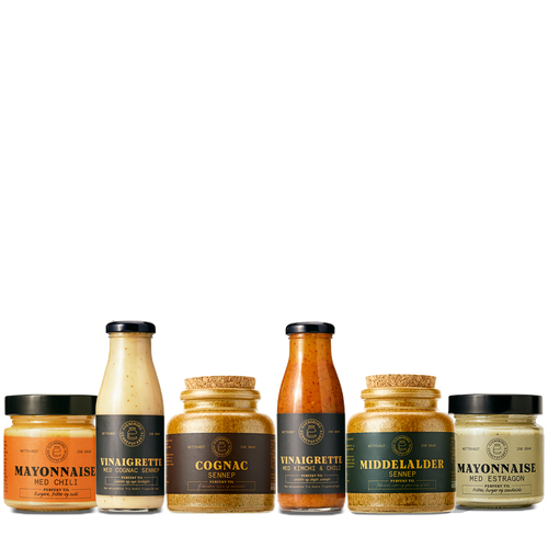 Valgmuligheder for bland selv sampakke: Chilimayo, vinaigrette med cognac sennep, cognac sennep, vinaigrette med kimchi og chili, middelalder sennep og estragonmayo fra Svendborg Sennepsfabrik