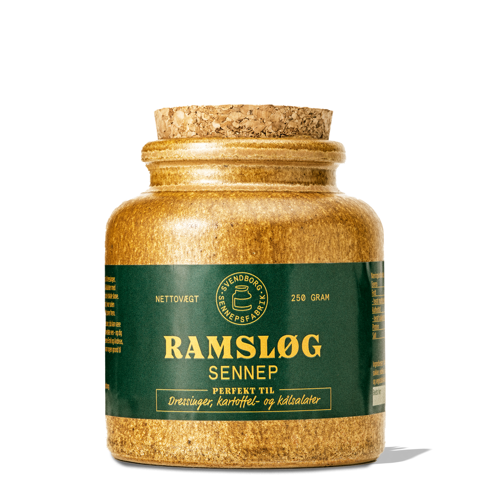 Ramsløg sennep i lertøjs krukke fra Svendborg Sennepsfabrik