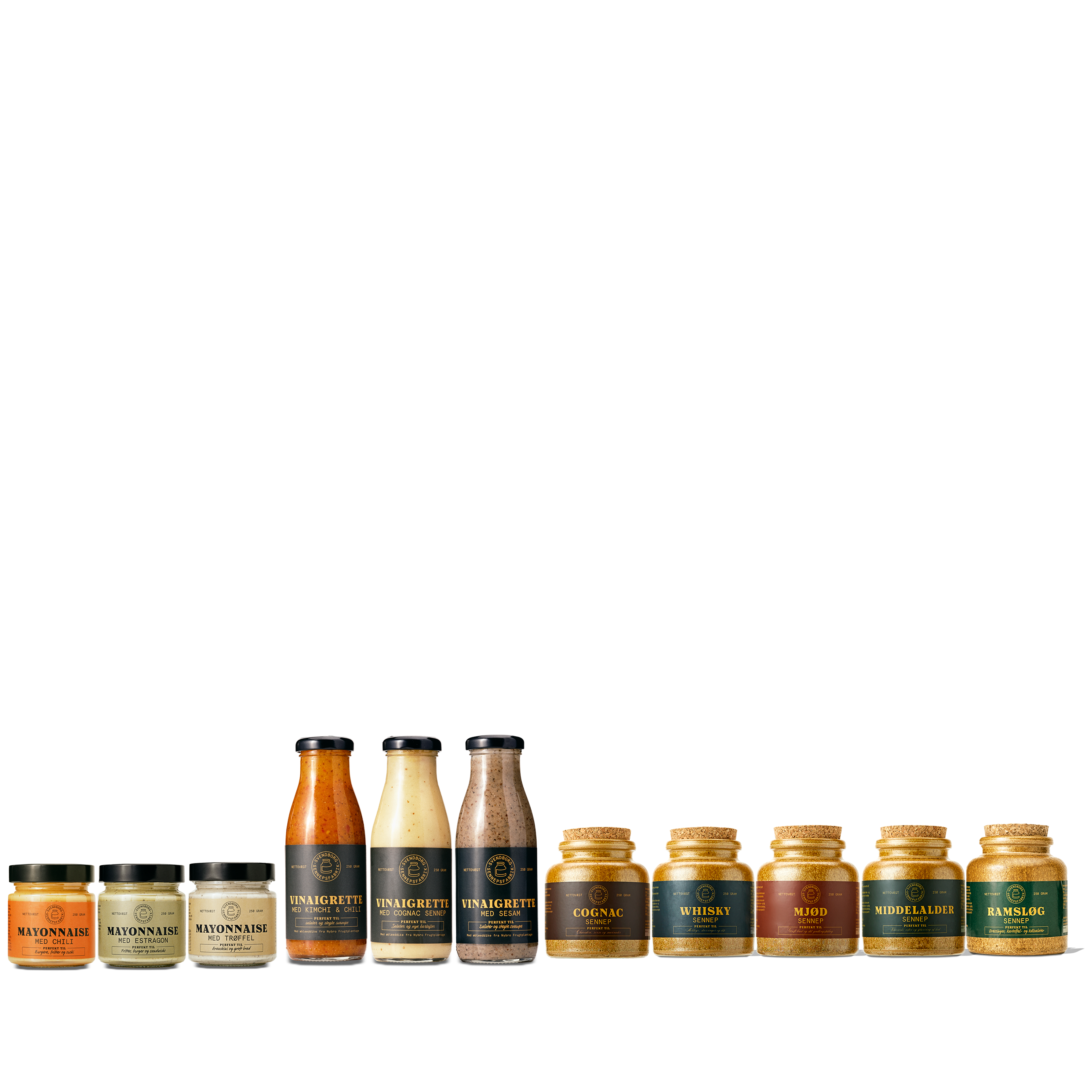 Valgmuligheder for den store bland selv sampakke: chilimayo, estragonmayo, trøffelmayo, vinaigrette med kimchi og chili, vinaigrette med cognac sennep, vinaigrette med sesam, cognac sennep, whisky sennep, mjød sennep, middelalder sennep og ramsløg sennep fra Svendborg Sennepsfabrik