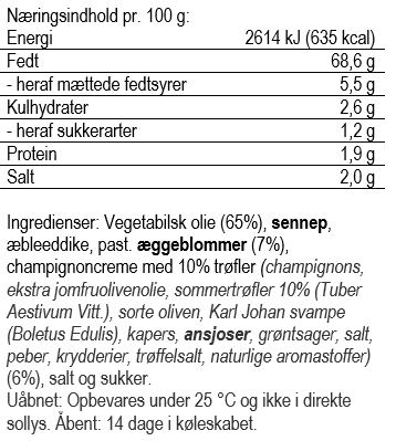 
                  
                    Varedeklaration på trøffelmayo fra Svendborg Sennepsfabrik
                  
                